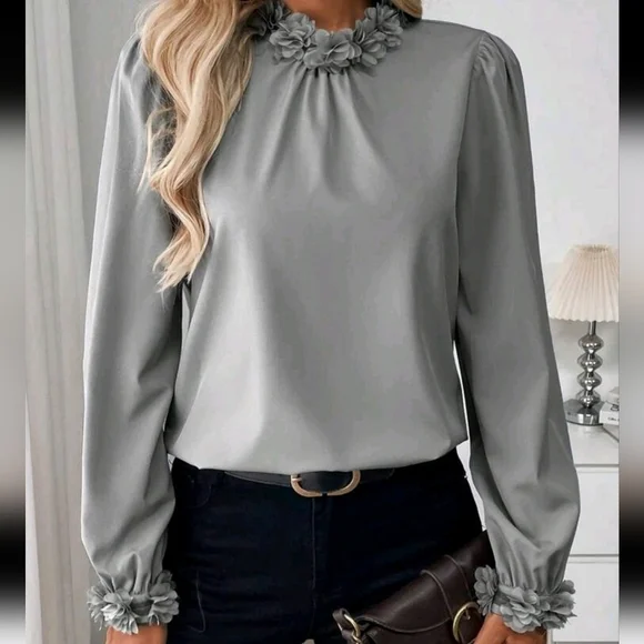Spring/Autumn Casual Solid Color Puff Sleeve Shirt With Stand Collar Flower - Picture 1 of 4
